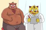  2020 anthro belly blood blush bodily_fluids bottomwear bullbluedog clothing duo felid hi_res humanoid_hands kemono male mammal moobs nipples nosebleed overweight overweight_male pantherine pants shirt sitting suid suina sus_(pig) sweat tiger topwear wild_boar yellow_body 