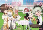  6+girls :d anchovy_(girls_und_panzer) animal animal_ears apron bangs black_apron black_ribbon blonde_hair blue_dress blue_eyes blue_footwear brown_eyes brown_hair capri_pants casual cat cat_ears clara_(girls_und_panzer) closed_mouth clothes_writing coke-bottle_glasses collared_shirt copyright_name cup day dog dog_ears dress dress_shirt drill_hair english_text eyebrows_visible_through_hair fake_animal_ears fang food frown gimp_(medium) girls_und_panzer glasses grass green_hair grey_shirt grey_skirt hair_between_eyes hair_ribbon highres holding holding_animal holding_food holding_saucer holding_teapot holding_tray ice_cream_cone imagining jacket katyusha_(girls_und_panzer) leaning_forward long_hair long_sleeves looking_at_another looking_at_viewer marie_(girls_und_panzer) mary_janes medium_dress medium_hair midriff miniskirt multiple_girls navy_blue_shirt nekonyaa_(girls_und_panzer) nishizumi_maho off-shoulder_shirt off_shoulder official_art ooarai_(ibaraki) ooarai_marine_tower open_mouth outdoors pants pantyhose pink_jacket pink_shirt pleated_skirt red_eyes red_hair red_skirt ribbon rosehip_(girls_und_panzer) round_eyewear shadow shiba_inu shirt shoes short_hair short_sleeves sitting skirt sleeves_rolled_up smile spilling standing standing_on_one_leg stitched surprised tea teacup teapot third-party_edit tray twin_drills twintails waitress white_cat white_legwear white_pants white_shirt 