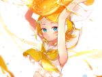 1girl arms_up bangs bare_shoulders blonde_hair blue_eyes bow collar collared_shirt commentary crop_top expressionless food forehead fruit hair_bow hair_ornament hairclip highres holding holding_food holding_fruit kagamine_rin liquid looking_at_viewer neckerchief orange oversized_food oyamada_gamata parted_lips sailor_collar shirt shoulder_tattoo swept_bangs symbol_commentary tattoo vocaloid white_background white_bow white_collar white_shirt yellow_neckwear 