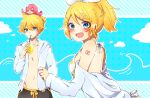  1boy 2girls bangs beruna0612 bikini blonde_hair blue_background blue_eyes blush blush_stickers cloud commentary cup drinking holding holding_cup hooded_shirt kagamine_len kagamine_rin looking_at_viewer multiple_girls octopus off-shoulder_shirt off_shoulder open_clothes open_mouth open_shirt pink_hair polka_dot polka_dot_background ponytail shirt short_hair short_ponytail shorts shoulder_tattoo sitting sitting_on_head sitting_on_person smile solid_circle_eyes spiked_hair swept_bangs swimsuit takoluka tattoo upper_body vocaloid waves white_shirt 