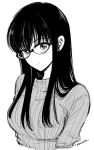  1girl bangs black_hair blush breasts closed_mouth commentary_request cropped_torso eyebrows_visible_through_hair glasses greyscale himawari-san himawari-san_(character) large_breasts long_hair looking_at_viewer monochrome ribbed_sweater signature solo sugano_manami sweater 