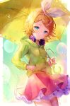  1girl absurdres bangs bini blonde_hair blue_eyes bow commentary cowboy_shot drawstring expressionless green_hoodie hair_bow hair_ornament hairclip hand_in_pocket headphones headphones_around_neck highres holding holding_umbrella kagamine_rin layered_skirt looking_at_viewer melancholic_(vocaloid) melancholy_(module) miniskirt nail_polish pink_skirt rain short_hair skirt solo swept_bangs umbrella vocaloid white_bow yellow_nails yellow_umbrella 