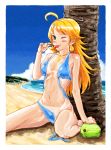  1girl ahoge beach blonde_hair blush breasts cherry cloud food fruit green_eyes highres hoshii_miki idolmaster idolmaster_(classic) long_hair looking_at_viewer navel one_eye_closed ooe_yamaken smile solo swimsuit tan tanline 