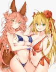  2girls absurdres ahoge animal_ear_fluff animal_ears bangs bare_shoulders bikini black_bikini blonde_hair blush breasts cleavage closed_mouth collarbone fate/extra fate_(series) flower fox_ears fox_girl fox_tail green_eyes grey_background hair_flower hair_intakes hair_ornament highres huge_filesize large_breasts long_hair looking_at_viewer multiple_girls navel nero_claudius_(fate) nero_claudius_(fate)_(all) open_mouth pink_hair red_bikini silver_(chenwen) simple_background smile swimsuit tail tamamo_(fate)_(all) tamamo_no_mae_(fate) thighs two_side_up yellow_eyes 