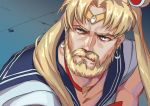  1boy bangs beard bishoujo_senshi_sailor_moon blonde_hair blue_eyes blue_sailor_collar bow bowtie breasts choker circlet closed_mouth collarbone commentary crescent crescent_earrings crossdressing derivative_work earrings english_commentary face facial_hair from_side genderswap genderswap_(ftm) hair_ornament hair_over_shoulder heart heart_choker jewelry kws long_hair male_focus manly mustache parted_bangs red_choker red_neckwear reference_work sailor_collar sailor_moon sailor_moon_redraw_challenge sailor_senshi_uniform school_uniform screencap_redraw serafuku serious solo tsukino_usagi twintails upper_body 