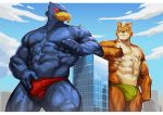  2020 absurd_res anthro avian bird building bulge canid canine city clothing duo falco_lombardi fox fox_mccloud hi_res macro male mammal muscular muscular_male nintendo speedo star_fox swimwear togepi1125 traver009 video_games 