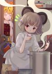  2girls absurdres animal_ears apron blonde_hair blush bowl closed_eyes commentary_request cooking eyebrows_visible_through_hair grey_hair hair_ornament highres iris_anemone kitchen_scale mouse_ears mouse_tail multiple_girls nazrin notice_lines pestle pot red_eyes saliva sleeves_rolled_up smell smile tail toramaru_shou touhou weighing_scale white_apron 