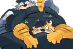  2020 angry anthro black_nose blood blue_body blue_fur blush bodily_fluids bottomwear bulge butt clothing duo felid fur hyaku_(artist) kemono male male/male mammal nosebleed orange_body orange_fur pantherine pants police police_hat police_uniform shirt simple_background tiger topwear uniform white_background 