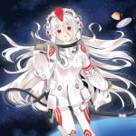  1girl absurdres albino astronaut astronaut_helmet breasts cable colored_eyelashes deadman_wonderland english_commentary eyebrows_visible_through_hair eyelashes floating_hair hair_between_eyes highres holding holding_spoon long_hair looking_at_viewer nude open_mouth red_eyes shiro_(deadman_wonderland) silver_hair solo space spoon star_(sky) white_eyelashes white_hair yaya_chan 