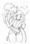  2018 ambiguous_gender black_and_white bottomwear clothed clothing duo english_text eyebrow_through_hair eyebrows eyelashes female fluffy fluffy_tail hair human krakenparty long_hair looking_at_viewer mammal monochrome navel open_mouth partially_clothed procyonid raccoon shirt shorts signature simple_background sketch smile text topwear traditional_media_(artwork) translucent translucent_hair white_background 
