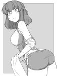  1girl absurdres ass bangs border closed_mouth elbow_pads eyebrows_visible_through_hair from_side girls_und_panzer greyscale headband highres holding holding_towel kondou_taeko light_frown looking_at_viewer looking_back medium_hair monochrome outside_border renshiu shirt short_shorts shorts single_vertical_stripe sleeveless sleeveless_shirt solo sportswear standing towel volleyball_uniform 