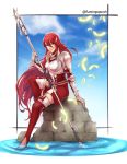  1girl armor armored_dress breastplate closed_mouth cloud commentary cordelia_(fire_emblem) day dress feathers fire_emblem fire_emblem_awakening flamingo_(eme324) gauntlets hair_between_eyes hair_ornament highres holding holding_polearm holding_spear holding_weapon lips long_hair polearm red_dress red_eyes red_hair sitting sky smile solo spear twitter_username very_long_hair water weapon wing_hair_ornament 