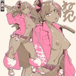  arm_up belt breasts cum futanari gyaru navel neone nipples original penis_tattoo pipe tan thighs trench_coat 