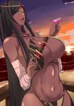  1girl absurdres arm_wrap bandaged_arm bandages bangs bare_shoulders beach bikini black_hair blush breasts circlet cleavage cocktail_glass collarbone criss-cross_halter cup dark_skin drinking_glass fate/grand_order fate_(series) food forehead_jewel gradient_sky green_eyes halterneck highres huge_filesize kebab kowatsu_no_break large_breasts long_hair looking_at_viewer navel orange_sky parted_bangs parted_lips purple_sky scheherazade_(fate/grand_order) skewer sky sunset swimsuit twilight very_long_hair 