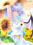  1girl alternate_costume arm_up armpits artist_name bare_arms blue_hair blue_sky blurry blurry_foreground bokeh cloud commentary cowboy_shot depth_of_field flower food hair_flower hair_ornament hand_on_headwear hat highres holding holding_food leaf looking_at_viewer petals popsicle red_eyes remilia_scarlet shiny shiny_hair shirt short_hair skirt sky sleeveless sleeveless_shirt solo standing straw_hat sumishi_(sumisi_3) summer sunflower sunflower_hair_ornament touhou white_shirt white_skirt 