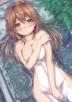  absurdres breasts brown_eyes brown_hair covering covering_breasts covering_crotch embarrassed grass hairband highres kantai_collection large_breasts long_hair naked_towel partially_submerged shiratsuyu_(kantai_collection) towel water yamataka 