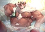  2020 absurd_res anthro bathing belly brown_body brown_fur fur hi_res kemono kimun_kamui_(tas) male mammal moobs nipples overweight overweight_anthro overweight_male sitting solo tokyo_afterschool_summoners towel ursid video_games vorusuarts water 