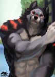  abs anthro biceps biped blep canid canine canis day fangs fenris_(zephyxus) fingers fur grey_body grey_fur looking_at_viewer male mammal multicolored_body multicolored_fur muscular muscular_anthro muscular_arms muscular_male nude outside pecs scar solo standing teeth tongue tongue_out tree triceps whiskers white_body white_fur wolf zephyxus 