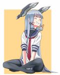  1girl bangs blunt_bangs closed_eyes crossed_legs dress eyebrows_visible_through_hair grin hair_ribbon headgear kantai_collection long_hair murakumo_(kantai_collection) necktie pantyhose ribbon sailor_dress shoes_removed sidelocks silver_hair smile solo tress_ribbon tsusshi undershirt very_long_hair 