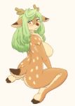  2018 absurd_res anthro antlers big_breasts biped blush breasts brown_body brown_fur butt cervid chest_tuft cloven_hooves digital_media_(artwork) dobrota female fur green_hair hair hi_res hooves horn kemono kneeling looking_at_viewer mammal nipples nude simple_background smile solo tuft white_background yellow_eyes yuzuki_(kame_3) 