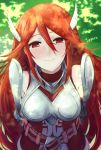  1girl armor armored_dress artist_name belt belt_buckle blush breastplate buckle closed_mouth commentary_request cordelia_(fire_emblem) dress eyebrows_visible_through_hair fire_emblem fire_emblem_awakening hair_between_eyes hair_ornament highres ippers lips long_hair looking_at_viewer pink_belt red_dress red_eyes red_hair signature smile solo very_long_hair wing_hair_ornament 