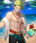  1boy abs absurdres achilles_(fate) alternate_costume cocktail day fate/apocrypha fate/grand_order fate_(series) green_hair highres jewelry male_focus muscle navel necklace nipples none_(kameko227) one_eye_closed outdoors palm_tree pants shiny shiny_hair smirk sparkle summer towel tree yellow_eyes 