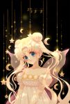 1girl artist_name bangs bare_shoulders bishoujo_senshi_sailor_moon black_background blonde_hair blue_eyes closed_mouth crescent crescent_moon double_bun dress facial_mark forehead_mark glowing hair_ornament hairclip highres light_smile long_hair looking_at_viewer moon parted_bangs princess_serenity puffy_short_sleeves puffy_sleeves see-through short_sleeves smile solo star strapless strapless_dress szzszzz tsukino_usagi twintails very_long_hair white_dress 
