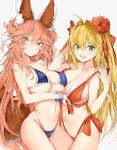  2girls absurdres ahoge animal_ear_fluff animal_ears bangs bare_shoulders bikini black_bikini blonde_hair blush breasts cleavage closed_mouth collarbone fate/extra fate_(series) flower fox_ears fox_girl fox_tail green_eyes hair_flower hair_intakes hair_ornament highres huge_filesize large_breasts long_hair looking_at_viewer multiple_girls navel nero_claudius_(fate) nero_claudius_(fate)_(all) open_mouth pink_hair red_bikini silver_(chenwen) simple_background smile swimsuit tail tamamo_(fate)_(all) tamamo_no_mae_(fate) thighs two_side_up white_background yellow_eyes 