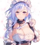  1girl azur_lane bangs belfast_(azur_lane) blue_eyes blush braid breasts broken broken_chain chain cleavage collar french_braid large_breasts long_hair looking_at_viewer maid maid_headdress raiou silver_hair simple_background smile 