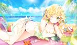  ball beach bikini blonde_hair breasts charlotte_(shironeko_project) cleavage clouds drink flowers green_eyes mocha_(naturefour) petals shironeko_project short_hair sky swim_ring swimsuit waifu2x water watermark wink wristwear 