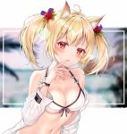  1girl ahoge animal_ear_fluff animal_ears arknights atychi bangs bare_shoulders bikini blonde_hair blush breasts cleavage collarbone commentary eyebrows_visible_through_hair flower hair_flower hair_ornament hand_up lens_flare long_sleeves medium_breasts navel off_shoulder open_clothes open_shirt orange_eyes parted_lips red_flower red_rose rose shirt short_hair solo sora_(arknights) stomach swimsuit twintails upper_body white_bikini white_shirt wolf_ears 