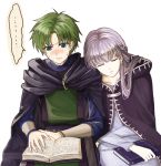  ... 1boy 1girl black_coat blush book closed_eyes closed_mouth coat couple delsaber dress fire_emblem fire_emblem:_the_binding_blade green_eyes green_hair grey_dress grey_hair hair_intakes hair_over_shoulder hetero long_hair long_sleeves open_book parted_lips raigh_(fire_emblem) reading simple_background sitting sleeping sleeping_on_person sleeping_upright sophia_(fire_emblem) sweatdrop thought_bubble white_background 