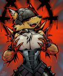  anthro armor blood bodily_fluids clothing corset cursed curvy_figure darkest_dungeon digimon digimon_(species) duchess female fur headgear helmet hi_res lingerie macmegagerc monster religion religious_symbols renamon solo topwear yellow_body yellow_fur 