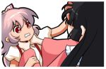  2girls asphyxiation black_hair border bow choking clenched_teeth derivative_work fighting fujiwara_no_mokou hair_bow houraisan_kaguya long_hair lowres meme multiple_girls parody pink_hair puffy_short_sleeves puffy_sleeves red_eyes screencap_redraw shangguan_feiying shirt short_sleeves simple_background teeth the_last_of_us the_last_of_us_2 touhou white_background white_border white_shirt 