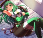  1girl arm_up armpits bed_sheet black_pants boots breastplate brown_gloves detached_sleeves fire_emblem fire_emblem:_mystery_of_the_emblem from_above gloves green_eyes green_footwear green_hair green_sleeves headband highres long_hair long_sleeves looking_at_viewer lying on_back open_mouth palla_(fire_emblem) pants sheath shiny shiny_hair solo thigh_boots thighhighs tunic very_long_hair white_headband white_legwear youzu 