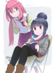  2girls ahoge aqua_eyes bangs black_legwear blue_hair blush book boots border brown_footwear chair clenched_hands closed_mouth clothes_writing commentary_request eyebrows_visible_through_hair feet_out_of_frame folding_chair grey_background grey_jacket hair_between_eyes hair_bun highres holding holding_book jacket kagamihara_nadeshiko knee_boots long_hair long_sleeves low_twintails minawa miniskirt multicolored multicolored_clothes multicolored_scarf multiple_girls open_book outside_border pantyhose pink_hair purple_eyes purple_skirt reading red_skirt scarf shima_rin short_hair sidelocks simple_background sitting skirt smile standing translation_request twintails vest white_border white_vest yurucamp zipper_pull_tab 