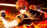  1boy black_gloves black_headband black_shirt blue_eyes delsaber fingerless_gloves fire fire_emblem fire_emblem:_the_binding_blade gloves hair_intakes headband holding holding_sword holding_weapon male_focus red_hair roy_(fire_emblem) shiny shiny_hair shirt short_sleeves solo sword weapon 