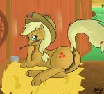  aesyr applejack_(mlp) barn bodily_fluids butt clitoral_winking clitoris equid equine female feral friendship_is_magic genital_fluids genitals hasbro horse looking_at_viewer mammal my_little_pony presenting presenting_hindquarters pussy pussy_juice smile solo sunset teats whip 