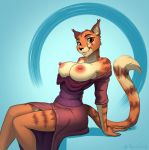  2020 5_fingers absurd_res ahnassi anthro areola bethesda_softworks big_breasts breasts clothed clothing erect_nipples exposed_breasts felid female fingers hi_res khajiit looking_at_viewer mammal morrowind naive_tabby nipples signature smile solo the_elder_scrolls video_games 
