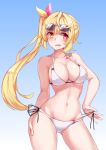  1girl absurdres bikini blonde_hair breasts cleavage eyewear_on_head heterochromia highres hoshikawa_sara long_hair nijisanji ponytail red_eyes side-tie_bikini simple_background solo sunglasses swimsuit virtual_youtuber watchdog_rol_(y1104280730) yellow_eyes 