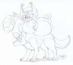  2016 adamios belly big_belly big_breasts blush breasts butt canid canine canis canister duo female hand_on_breast headgear humanoid imp inflation link_(wolf_form) male mammal midna monochrome nintendo simple_background sketch the_legend_of_zelda twili twilight_princess video_games white_background wolf 