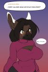  2019 2:3 absurd_res anthro asinus bangs big_breasts black_body black_fur black_hair blush breasts brown_body brown_fur cleavage cleavage_cutout clothed clothing dipstick_ears donkey embarrassed english_text equid equine eyewear faizenek female fur glasses hair hi_res inner_ear_fluff keyhole_turtleneck looking_down mammal multicolored_body multicolored_ears multicolored_fur orange_eyes pink_clothing pink_sweater pink_topwear simple_background small_waist social_media solo speech_bubble straight_hair sweater text topwear tuft valorie_(faizenek) wide_hips 