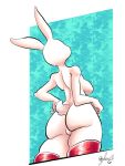  2020 3:4 anthro beastars breasts butt clothing featureless_breasts featureless_crotch female fur hair hand_on_hip haru_(beastars) hi_res lagomorph legwear leporid mammal nude panthera_cantus rabbit rear_view rubber side_boob simple_background solo standing white_body white_fur white_hair 