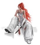  1girl bare_shoulders blood bloody_clothes bone closed_mouth collarbone gloves goyoyoo guro holding holding_gloves holding_weapon knife long_hair original ponytail red_eyes red_hair sitting smile solo very_long_hair weapon white_gloves 