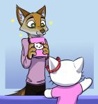  2020 anthro blue_background brown_body brown_fur canid canine canis cheek_tuft clothed clothing coyote duo facial_tuft fully_clothed fur hello_kitty_(character) hello_kitty_(series) hi_res holding_object inner_ear_fluff mammal moses_(samur_shalem) sanrio simple_background smile standing star_eyes theblueberrycarrots tuft whiskers white_body white_fur 