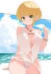  1girl arm_behind_back ass_visible_through_thighs bangs bare_shoulders blonde_hair blush bracelet breasts cameltoe cleavage cleavage_cutout cloud cloudy_sky collarbone cowboy_shot day eyebrows_visible_through_hair green_eyes groin hand_up highleg highleg_swimsuit horizon idolmaster idolmaster_cinderella_girls jewelry miyamoto_frederica navel navel_cutout ocean one-piece_swimsuit outdoors parted_lips short_hair sky smirk solo swimsuit takato_kurosuke thick_thighs thigh_gap thighs water white_swimsuit wide_hips 
