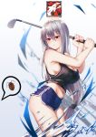  1girl arknights bangs bare_arms bare_shoulders bishi_(bishi) black_tank_top blue_shorts blush breasts chinese_commentary cleavage commentary_request cowboy_shot crop_top dolphin_shorts eyebrows_visible_through_hair golf_club gradient gradient_background grey_background hair_between_eyes highres holding holding_golf_club large_breasts long_hair low-tied_long_hair midriff navel no_hat no_headwear partial_commentary red_eyes short_shorts shorts silver_hair skadi_(arknights) solo standing tank_top thighs very_long_hair water white_background 