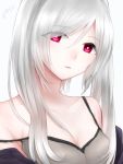  1girl 504723f bangs breasts cleavage collarbone eyebrows_visible_through_hair eyes_visible_through_hair fire_emblem fire_emblem_awakening grey_shirt hair_between_eyes long_hair off_shoulder parted_lips red_eyes robin_(fire_emblem) robin_(fire_emblem)_(female) shirt silver_hair simple_background sleeveless sleeveless_shirt small_breasts solo twintails upper_body white_background 
