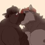  1:1 2019 anthro backwards_baseball_cap baseball_cap blush bust_portrait canid canine canis clothed clothing duo ghoskee hat hat_only headgear headwear hi_res holding_object kissing kouya male male/male mammal mostly_nude muscular muscular_anthro muscular_male nipples pecs portrait simple_background topless topless_male ursid white_background wolf 