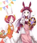  2girls 504723f :d animal_ears animal_hat bangs basket breasts bunny_ears bunny_hat cleavage closed_eyes closed_mouth covered_navel detached_sleeves dress elbow_gloves facial_mark fae_(fire_emblem) fake_animal_ears fire_emblem fire_emblem:_the_binding_blade floating_hair gloves green_eyes hair_intakes hat heterochromia highres holding holding_basket idunn_(fire_emblem) leotard long_hair medium_breasts multiple_girls open_mouth orange_leotard pantyhose parted_bangs pink_dress purple_gloves purple_headwear red_eyes red_hair see-through shiny shiny_hair short_hair short_sleeves signature silver_hair sleeveless sleeveless_dress smile standing very_long_hair white_background white_gloves white_headwear white_legwear white_sleeves 